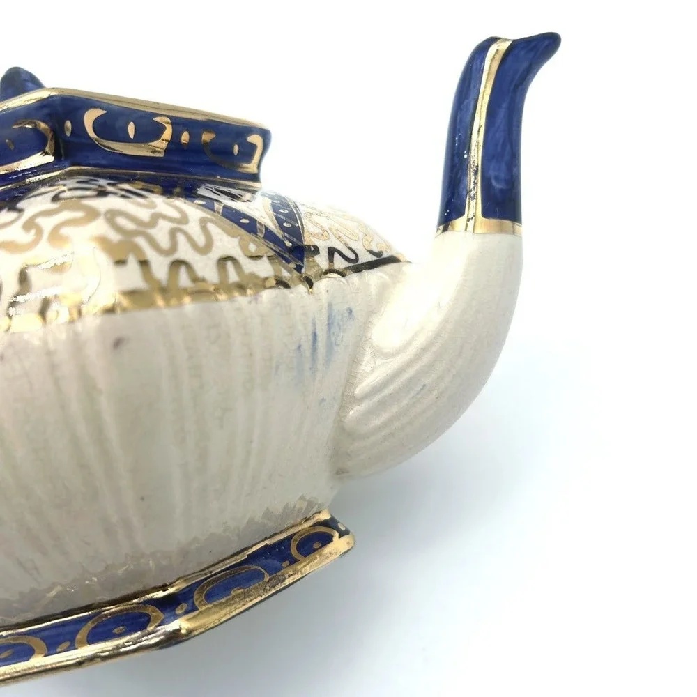 Vintage Imari Style Teapot Cobalt Blue and Gold Gilt Geometric Pattern 2 Piece